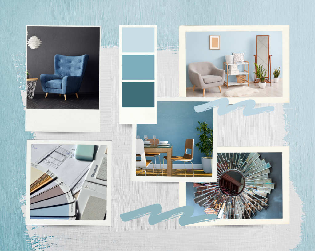 Blue and White Textured Interior Design Mood Board Photo Collage